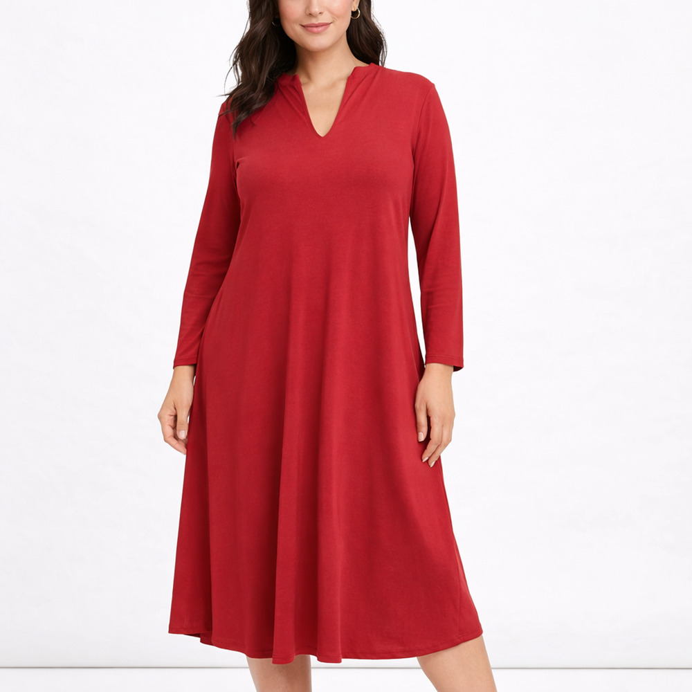 Sundance Red Trapeze Midi Dress Large Notched V Neck Long Sleeve Boho